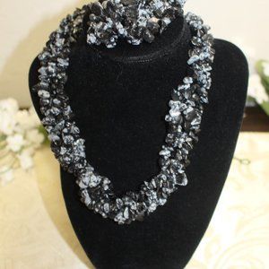 Snowflake Obsidian Chip Necklace and Bracelet Set ~16"
